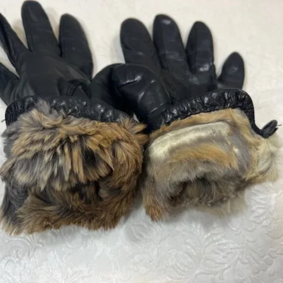 VTG Real Fur Lined Soft Leather Gloves Black Size: Sm-Med